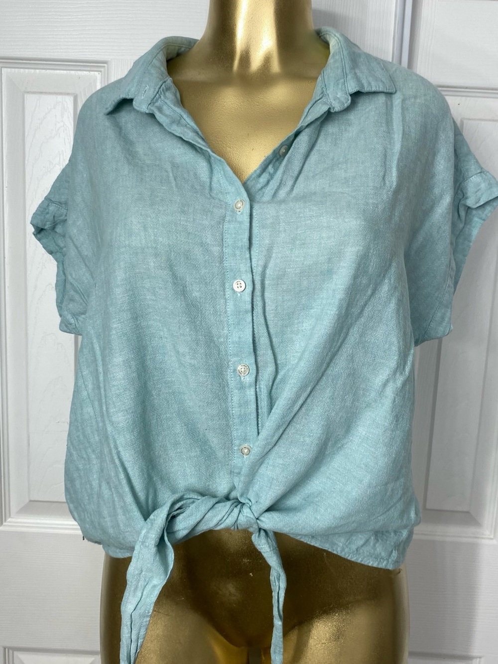 Light Aqua Button-Front Tie-Hem Shirt